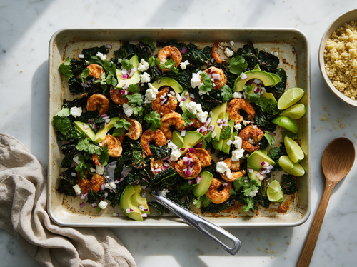 Ofengarnelen mit Mangold, Avocado und Feta