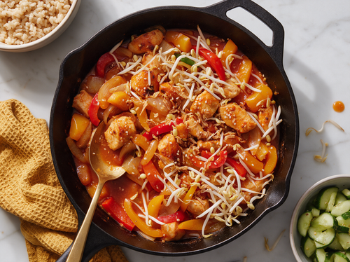 Kip in zoetzure perziksaus met paprika en taugé