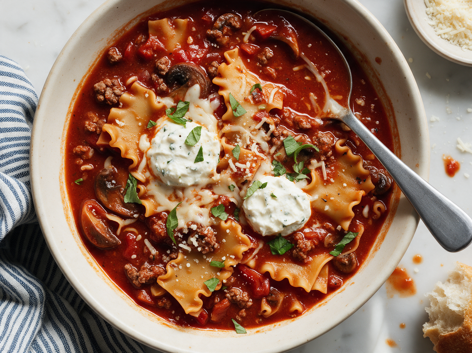 Lasagne-Suppe mit Hackfleisch und Champignons