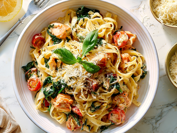 Cremige Pasta mit Lachs und Spinat