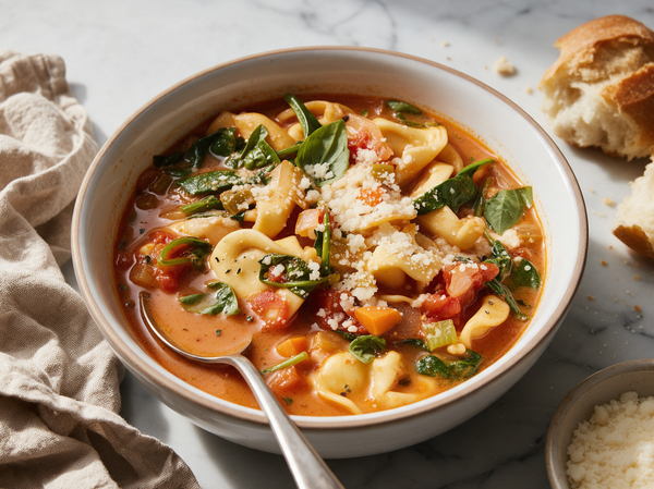 Tortellini-Suppe mit Tomate und Spinat