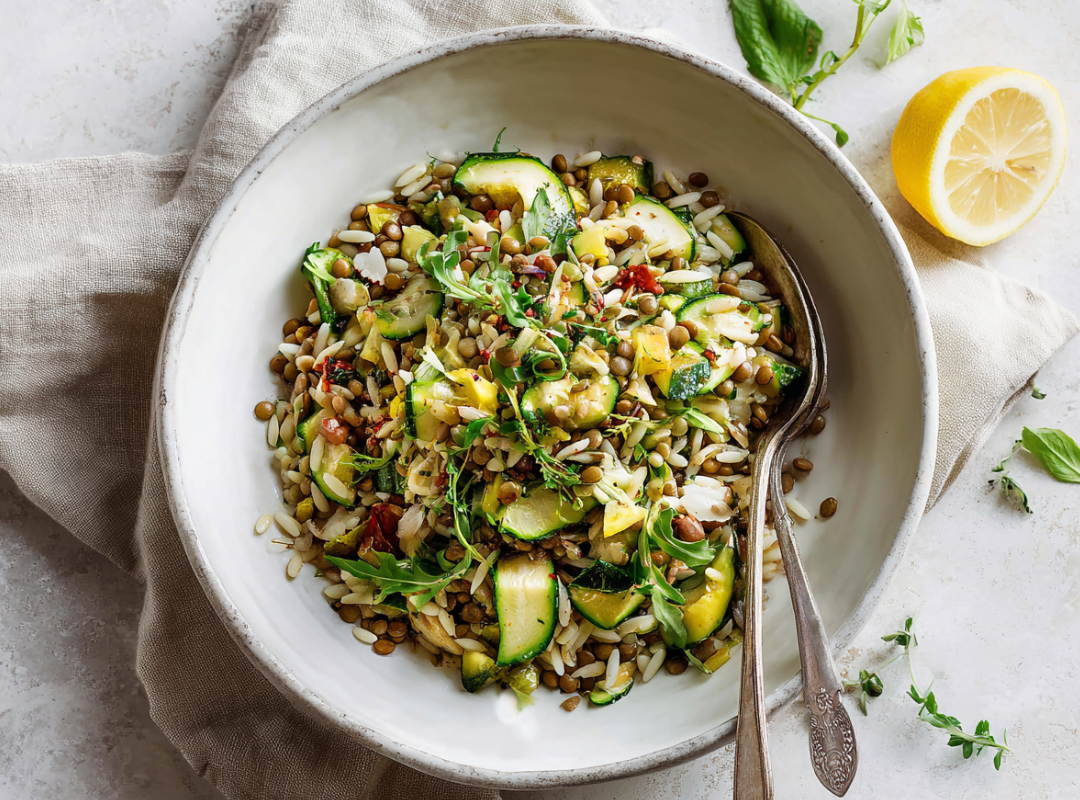Green Goddess Orzo Salade met Linzen en Courgette - recept van The Spice Club