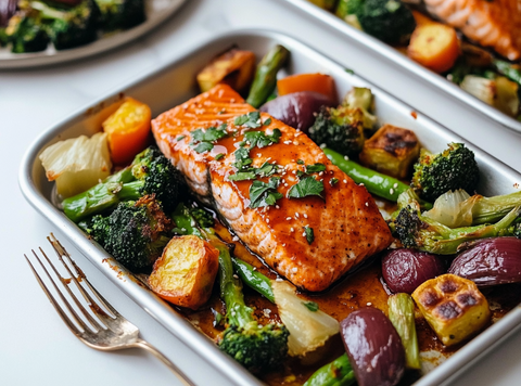 Lachs Miso -Stil mit geröstetem Auberginen und Bimi