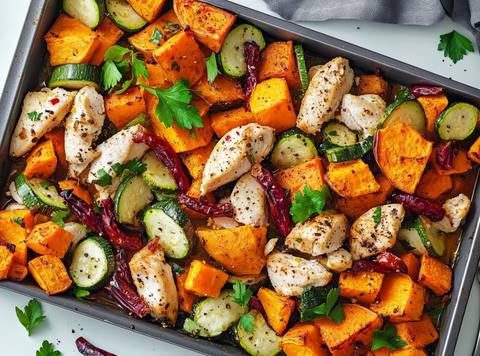Traybake met kip, zoete aardappel & courgette
