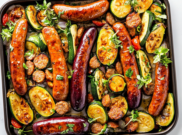 Ratatouille Traybake mit Würstchen - Rezept von The Spice Club