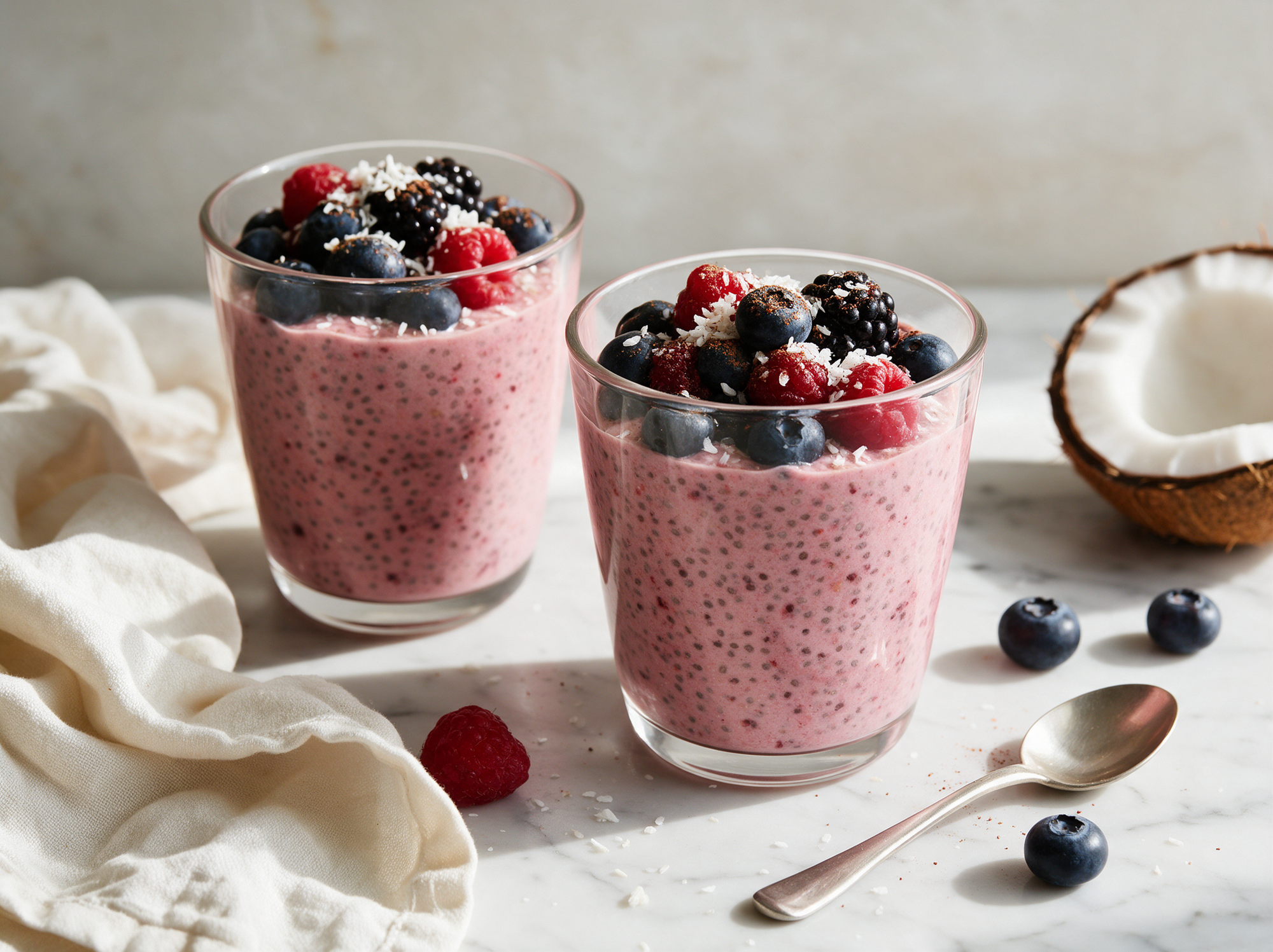 Bosvruchten-chiapudding met kokos en kaneel