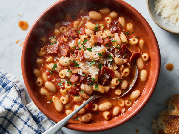 Italienische Suppe mit Pasta, Bohnen und Speck