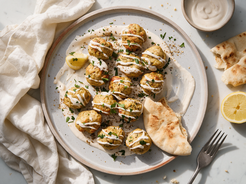 Hähnchen-Hackbällchen aus dem Ofen mit Tahin-Joghurt