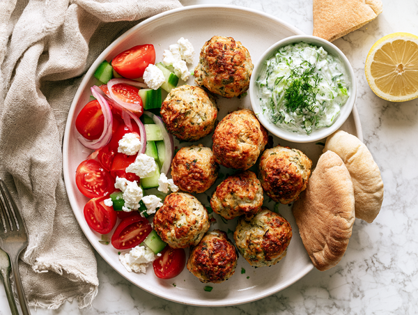 Hähnchenhackbällchen aus dem Ofen mit Tzatziki