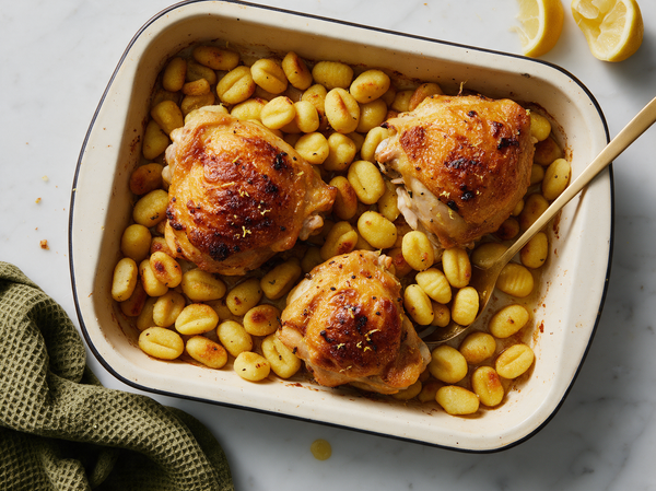 Hähnchenschenkel mit Gnocchi und Zitrone aus dem Ofen