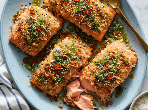 Knuspriger Lachs mit Kokoskruste und Limettensauce