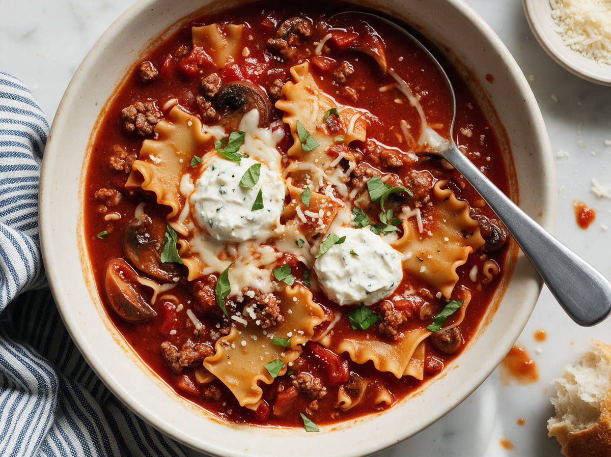Lasagne-Suppe mit Hackfleisch und Champignons