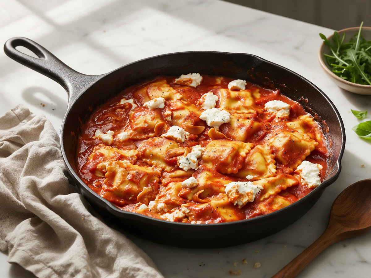 Ravioli in Sauce aus gerösteter Paprika