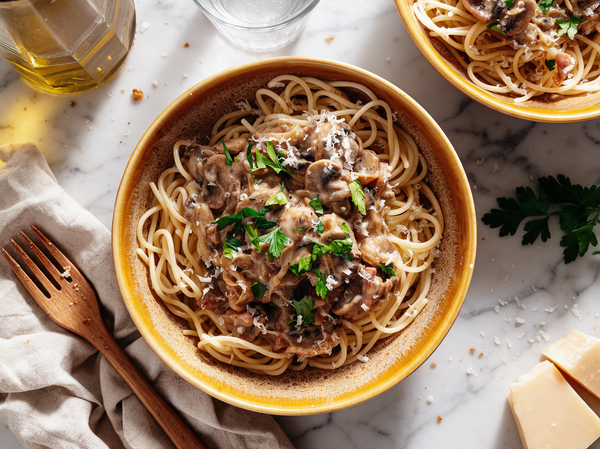 Cremige Pasta mit Speckwürfeln und Champignons