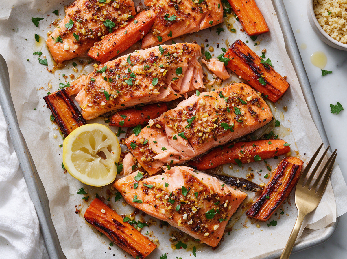 Lachs mit Kräuterkruste und gerösteten Karotten aus dem Ofen
