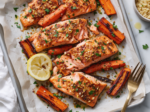 Lachs mit Kräuterkruste und gerösteten Karotten aus dem Ofen