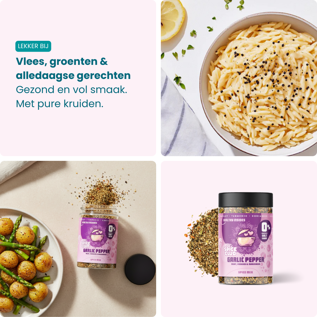 Knoflook Peper Mix - kruidenmix, 100% natuurlijk, zoutvrij - verpakking | The Spice Club
