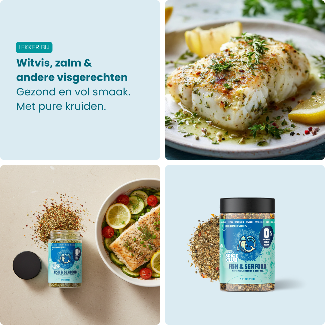 Vis Kruiden verpakking zoutvrije kruidenmix - The Spice Club 100% natuurlijk zonder zout