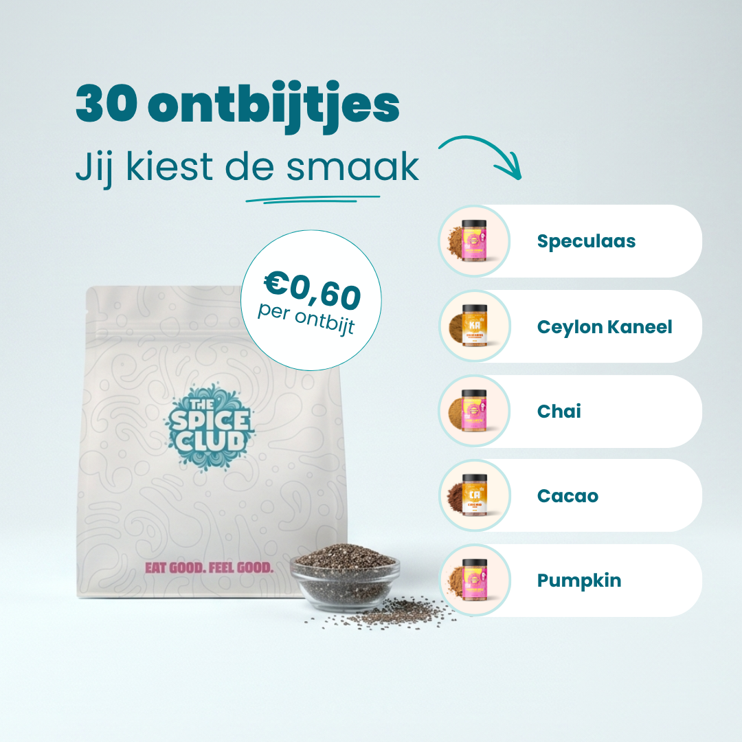 Chia Ontbijt Set met de vijf ontbijtsmaken, goed voor 30 ontbijtjes