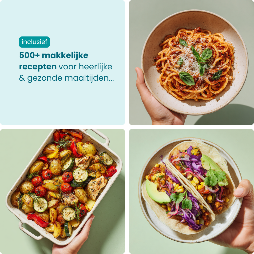 Gerechten uit de 500+ recepten: pasta, ovengroenten en taco's