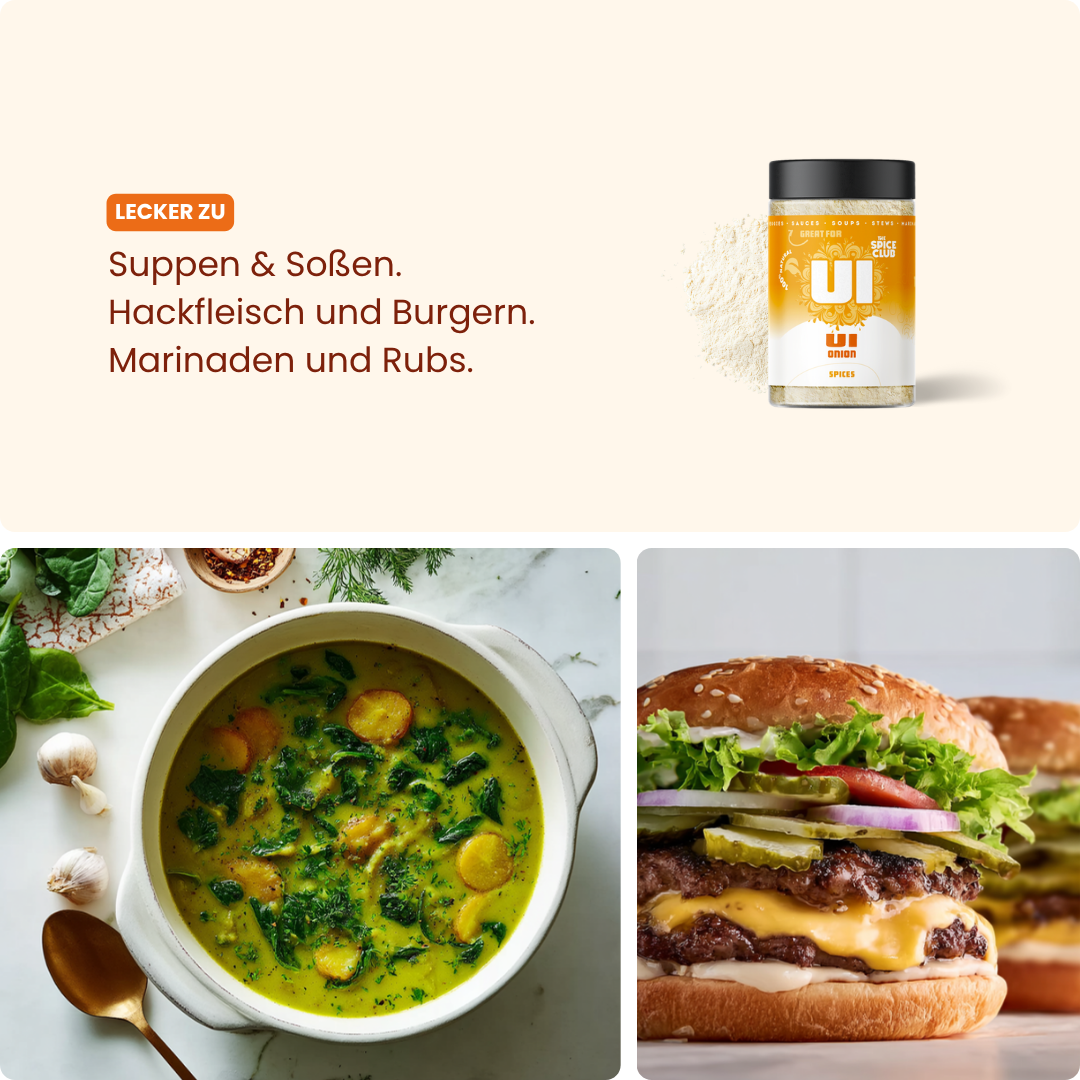 Zwiebelpulver – lecker zu Suppen & Soßen. / Hackfleisch und Burgern. / Marinaden und Rubs.