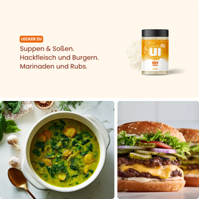 Zwiebelpulver – lecker zu Suppen & Soßen. / Hackfleisch und Burgern. / Marinaden und Rubs.