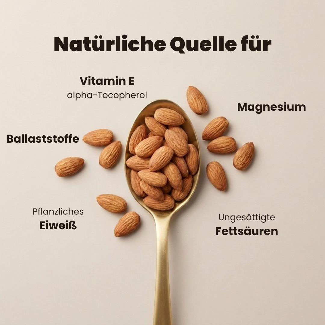 Mandeln Ungeröstet – Löffel mit Mandeln und Labels: Vitamin E, Magnesium, Ballaststoffe, Pflanzliches Eiweiß, Ungesättigte Fettsäuren