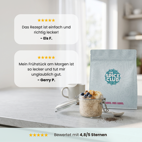 Chia Frühstücks-Set - Ballaststoffreich – Zwei Fünf-Sterne-Bewertungen von Els F. und Gerry P. neben Chia-Pudding im Glas und einem Beutel