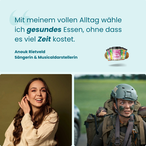 Die Alltags-Favoriten · 7er-Pack – Zitat von Anouk Rietveld über gesundes Essen bei vollem Alltag, daneben zwei Fotos von ihr