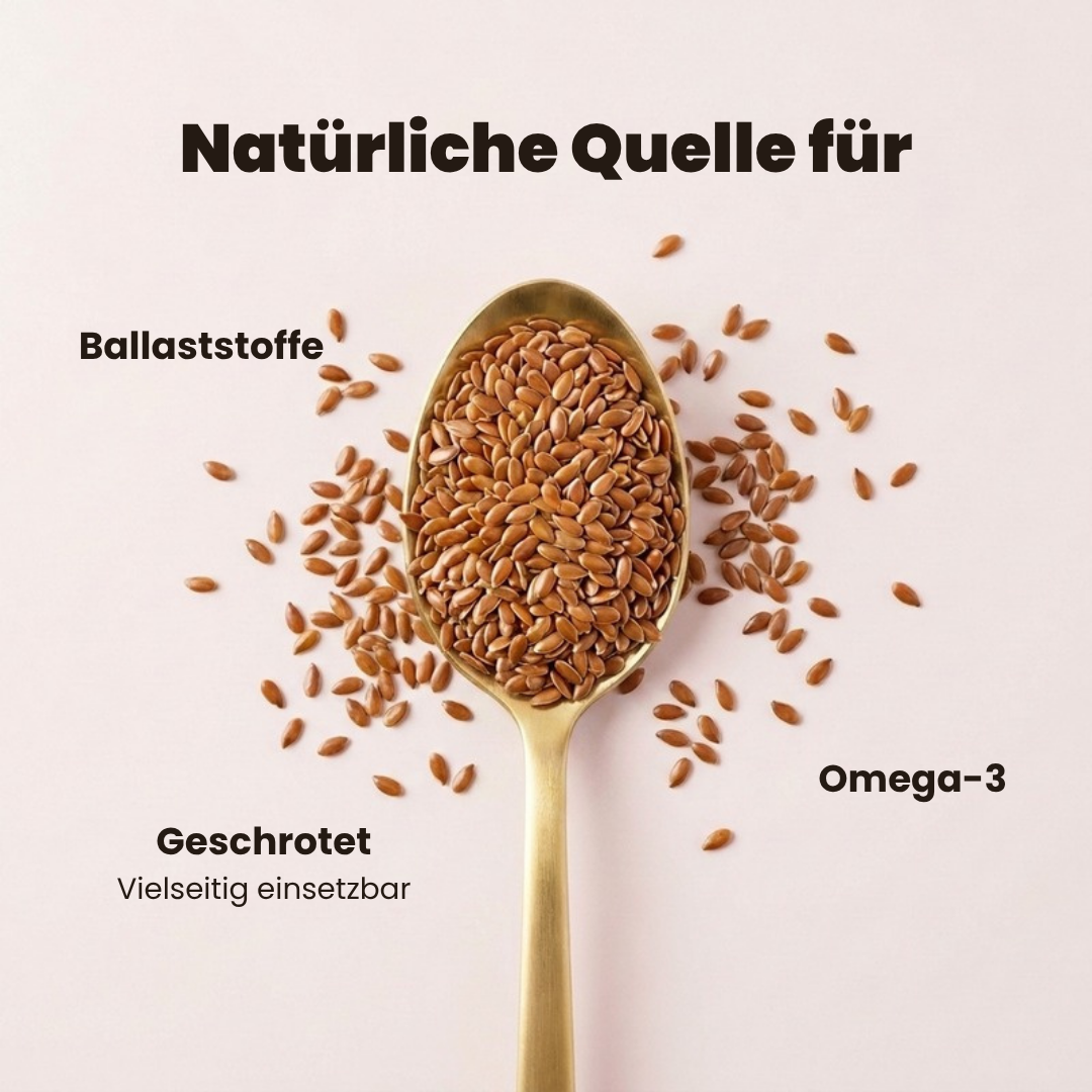 Geschroteter Leinsamen – Löffel mit Leinsamen und Labels: Ballaststoffe, Omega-3, Geschrotet