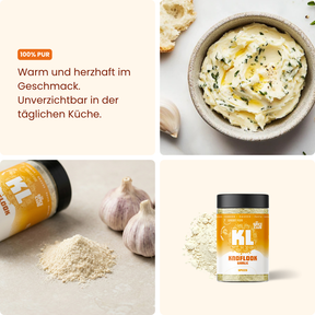 Knoblauchpulver – Knoblauch-Gewürz von The Spice Club als Collage mit Kräuterbutter, Knoblauchknollen und Knoblauchpulver