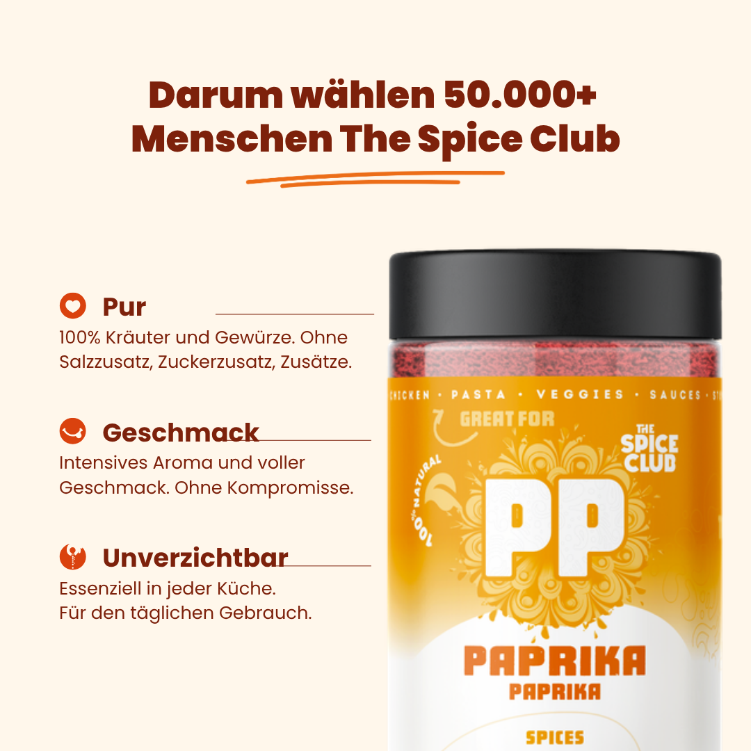 Paprikapulver – Paprika-Gewürz-Dose von The Spice Club mit den Gründen, warum 50.000+ Menschen The Spice Club wählen: Pur, Geschmack, Unverzichtbar