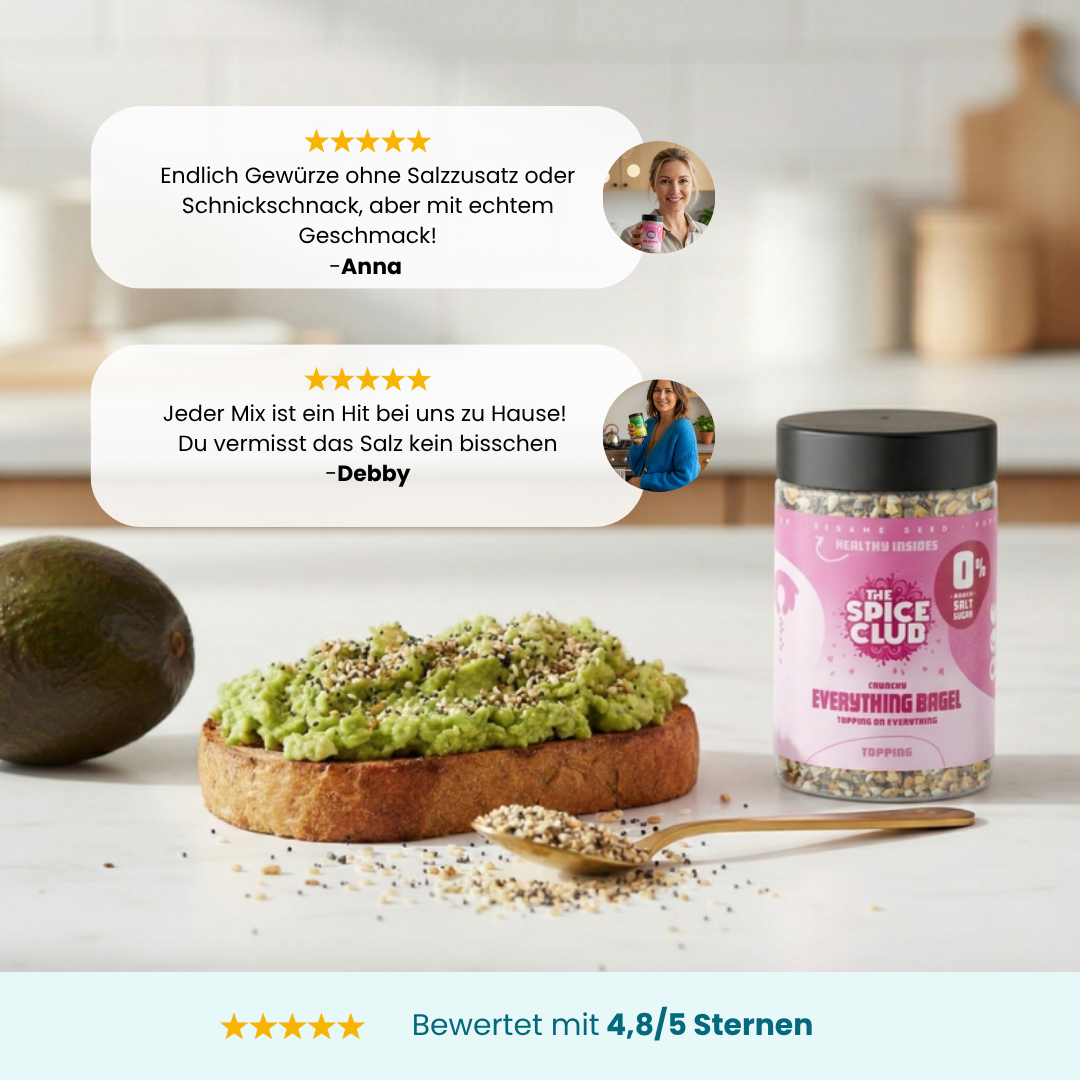 Das Starter Set · 9er-Pack – Zwei Kundenbewertungen zu Everything Bagel Topping auf Avocadobrot, Bewertung 4,8/5 Sterne
