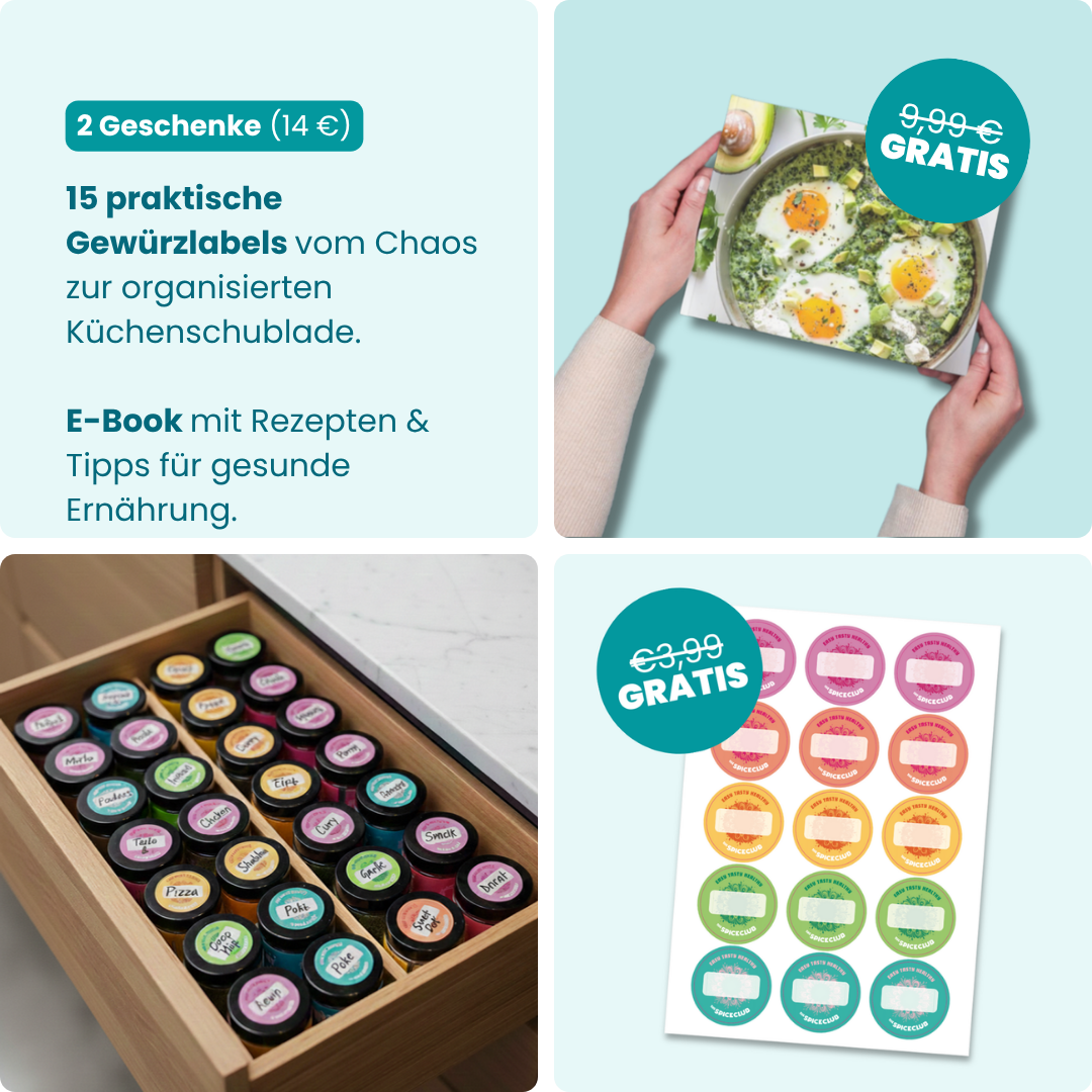 Das Starter Set · 9er-Pack – Zwei Geschenke: 15 Gewürzlabels und E-Book mit Rezepten