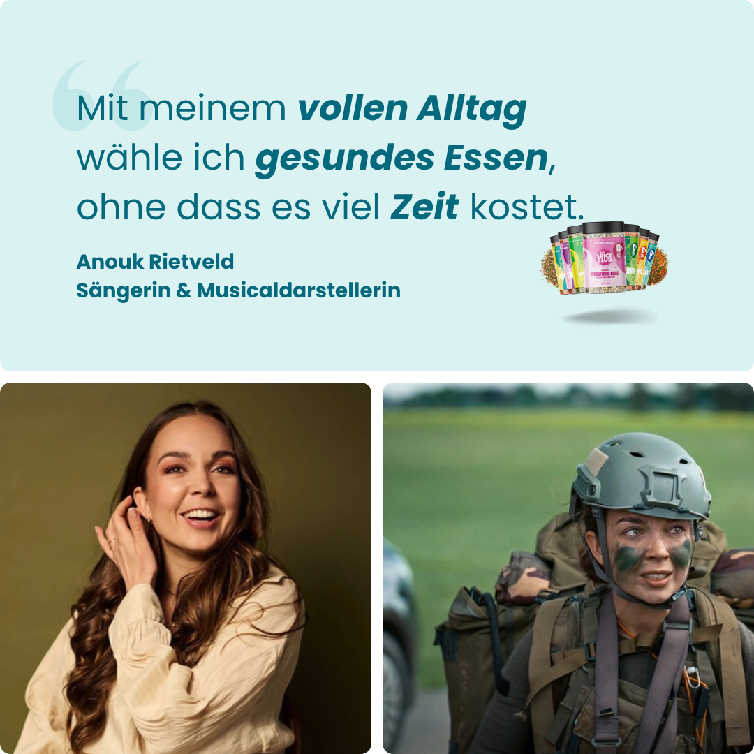 Das Starter Set · 9er-Pack – Zitat von Anouk Rietveld über gesundes Essen bei vollem Alltag, daneben zwei Fotos von ihr