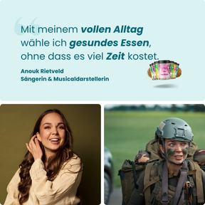 Das Starter Set · 9er-Pack – Zitat von Anouk Rietveld über gesundes Essen bei vollem Alltag, daneben zwei Fotos von ihr