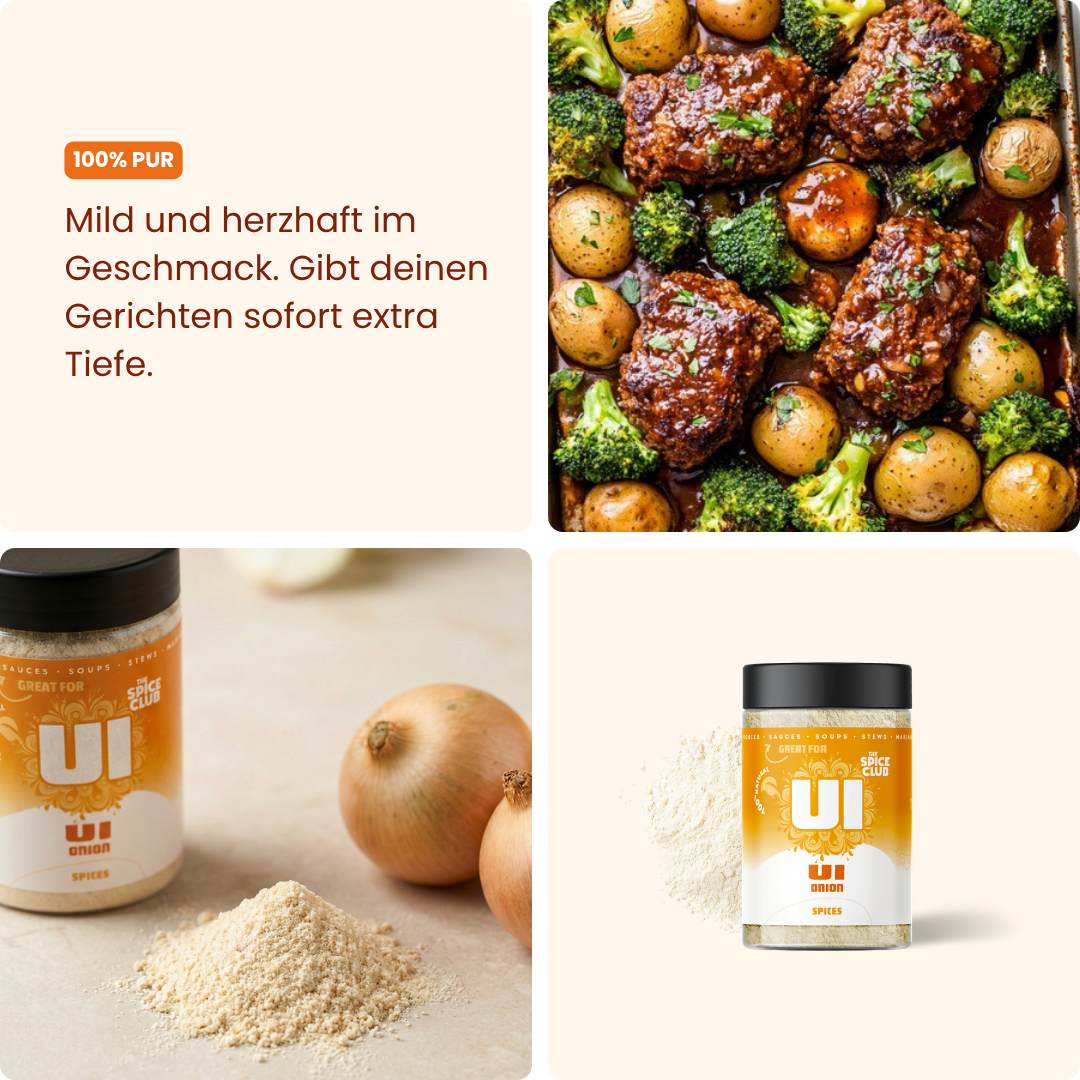 Zwiebelpulver – Zwiebel-Gewürz von The Spice Club als Collage mit Ofengericht, ganzen Zwiebeln und Zwiebelpulver [de]